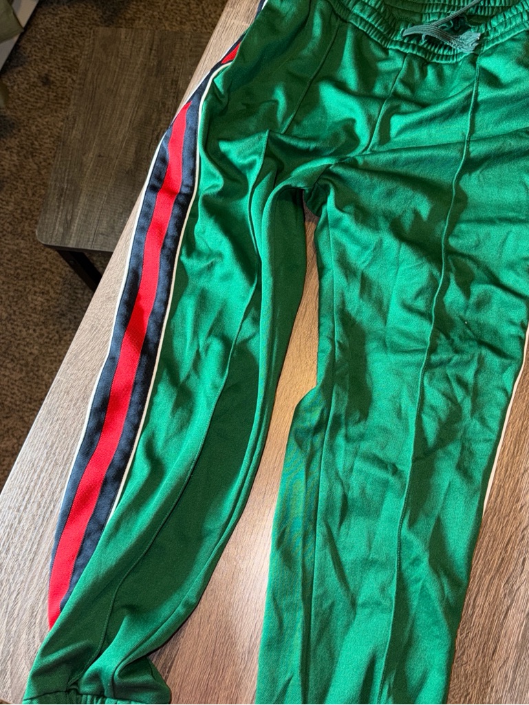 Kids Green Track Pants With Red & Black Side Stripe